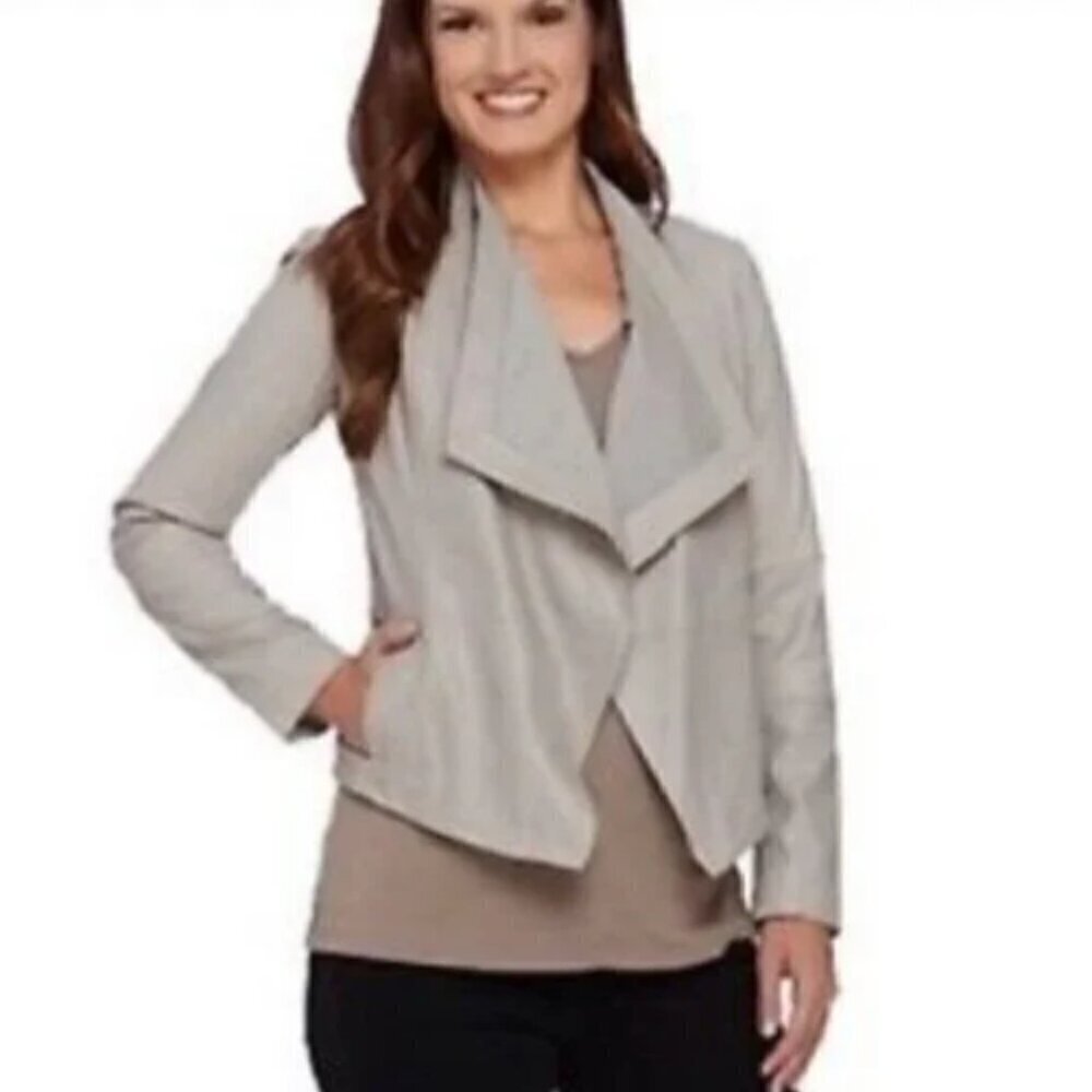 G.I.L.I. NEW Cloud Open Front Tonal Printed Leather Jacket with Pockets Size 10